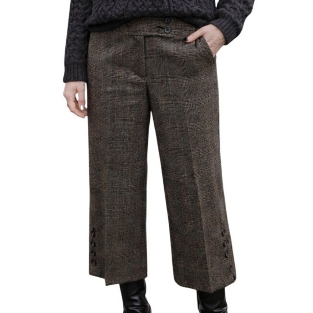 CAbi 137 Glen Plaid Wide Leg Capri Pants Button Embellished Stretch Brown Size 8